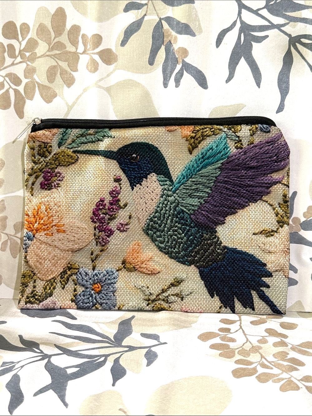 NWT Embroidered Hummingbird Floral Zip Pouch in Teal & Cream